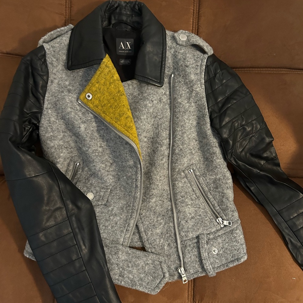 Armani Exchange Gray and Black Leather Jacket with Zipper Front
